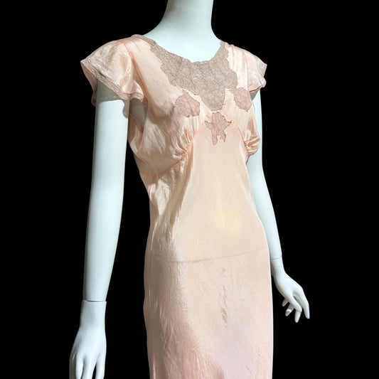1930s Rayon Slip Dress: Vintage Bias Cut Shiny Peachy Pink Nightgown, Lace Trim