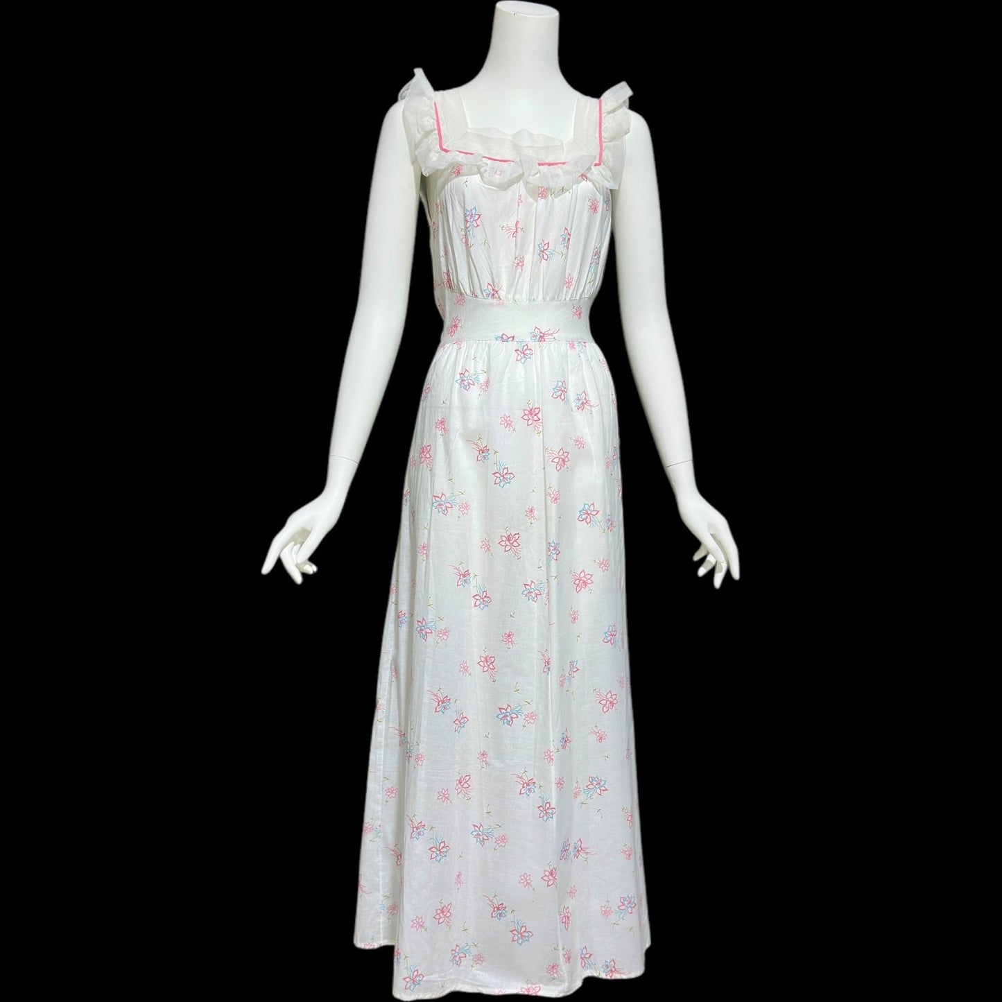 PHIL-MAID, vintage 1940s nightgown, pink blue white floral cone-bell combed cotton house dress, New Old stock