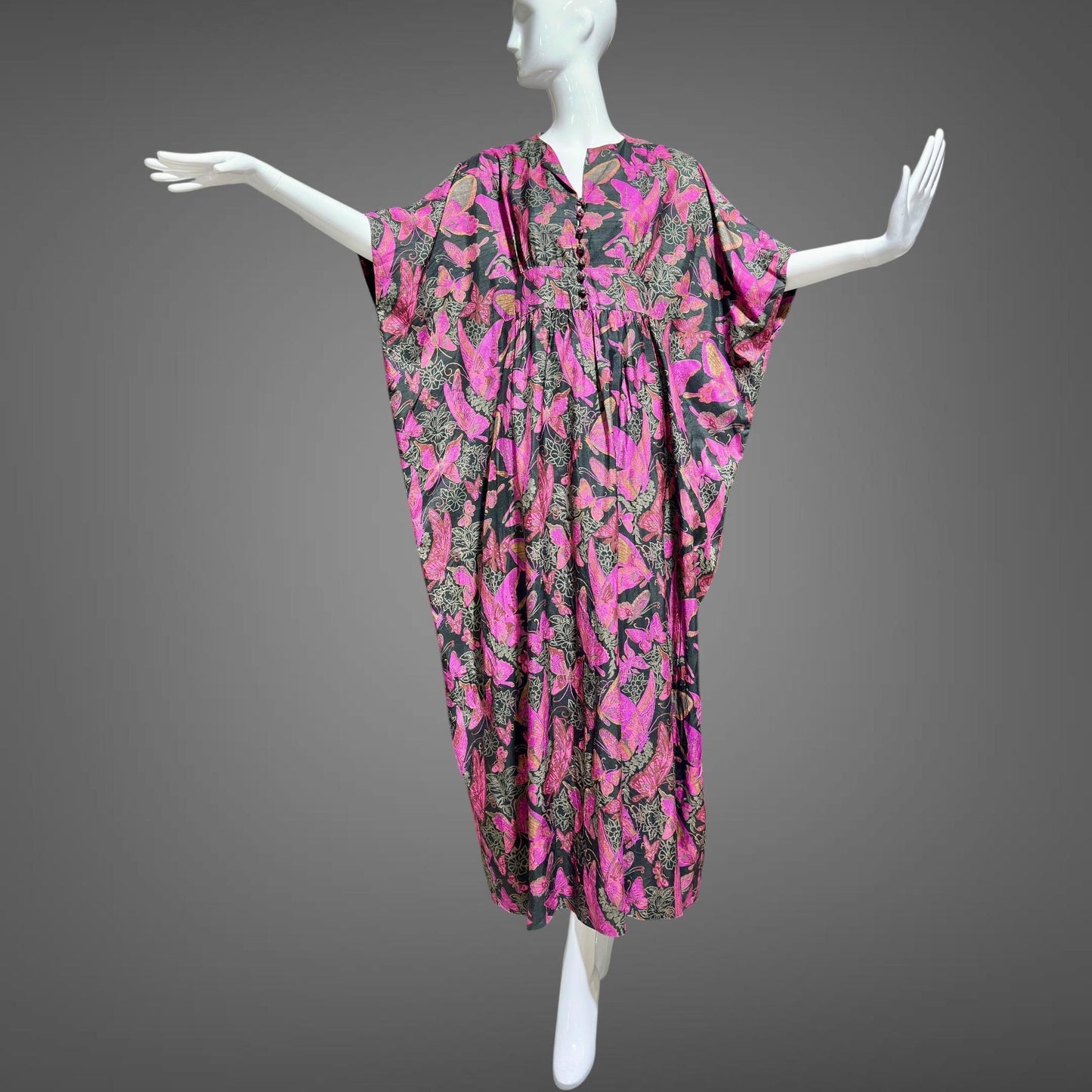 DESIGN THAI BANGKOK, vintage 1960s caftan dress, maxi party dress, hot pink butterfly print silk dress
