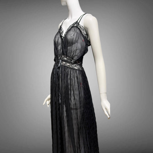 TULA vintage 1940s Nightgown slip dress, sultry black sheer waffled nylon lingerie dress, large