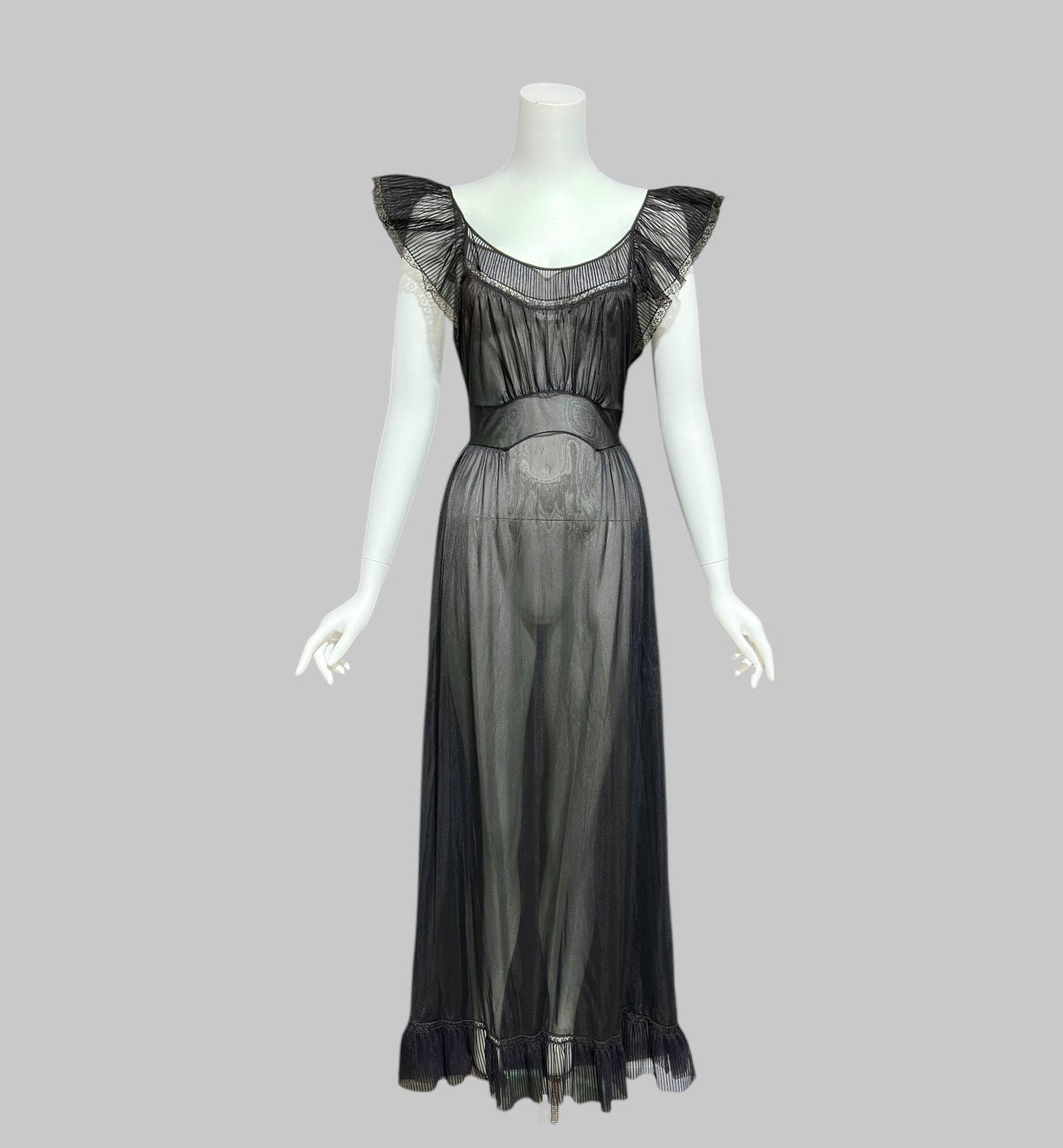 KAYSER vintage 1950s nightgown slip dress, ethereal sheer black chiffon and lace micro pleat gown