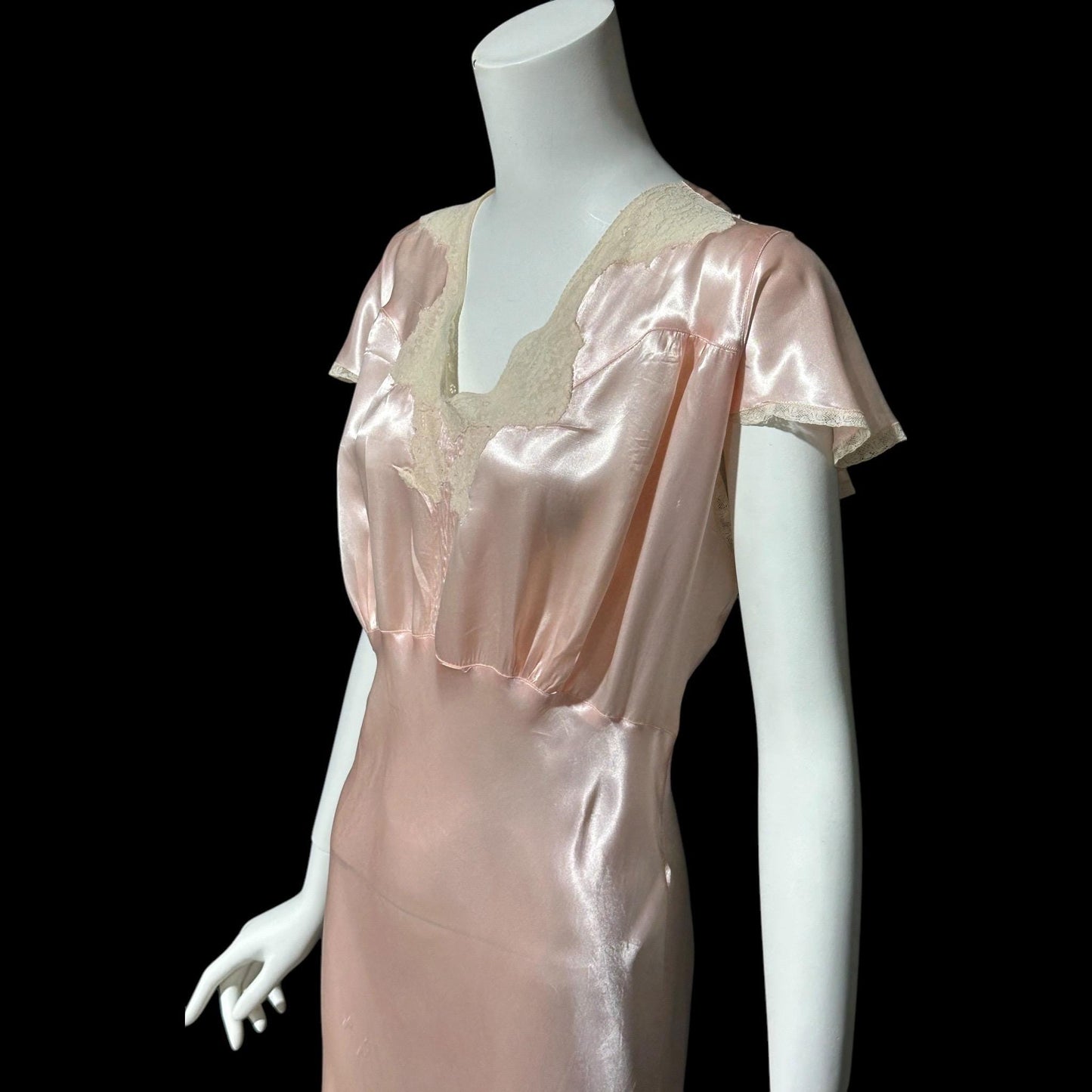 SHIRLEY RAY, vintage 1940s nightgown, Shiny baby pink bias cut rayon slip dress, full length