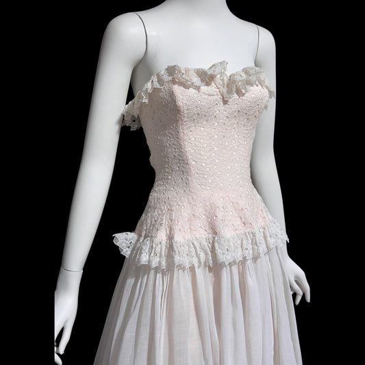 1940s vintage dress gown, soft petal pink and white cotton eyelet, with white organdy evening wedding gown