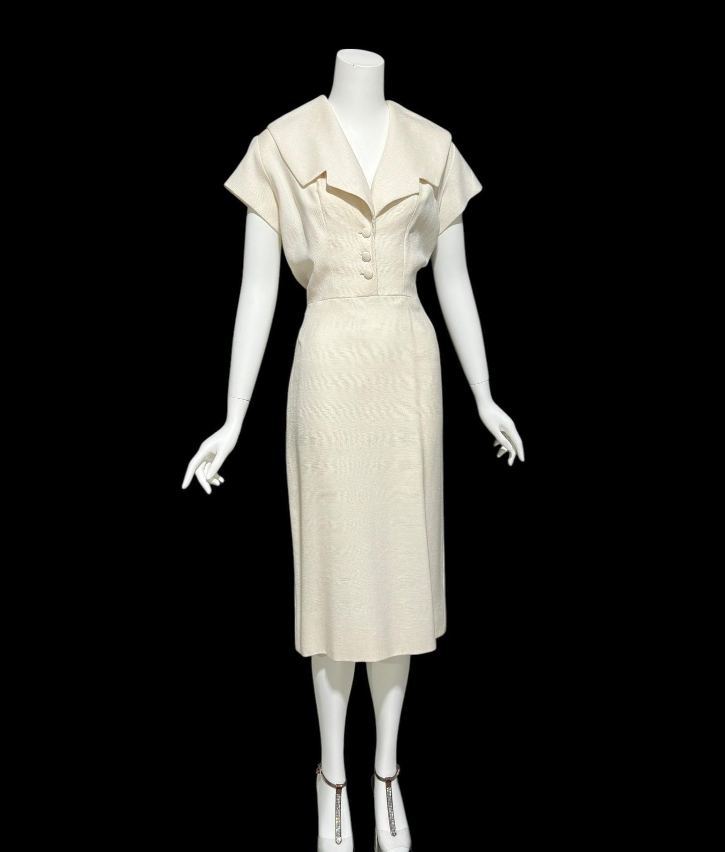 IRENE GALITZINE, vintage 1940s oatmeal linen cocktail day dress, wide collar wiggle dress