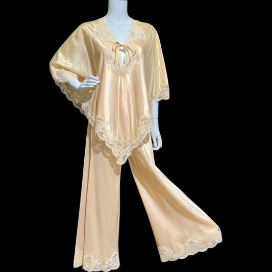 BLANCHE Ralph Montenero, vintage 1970s satin lounging cocktail party pajamas, Poncho Top and wide leg bottom PJ set