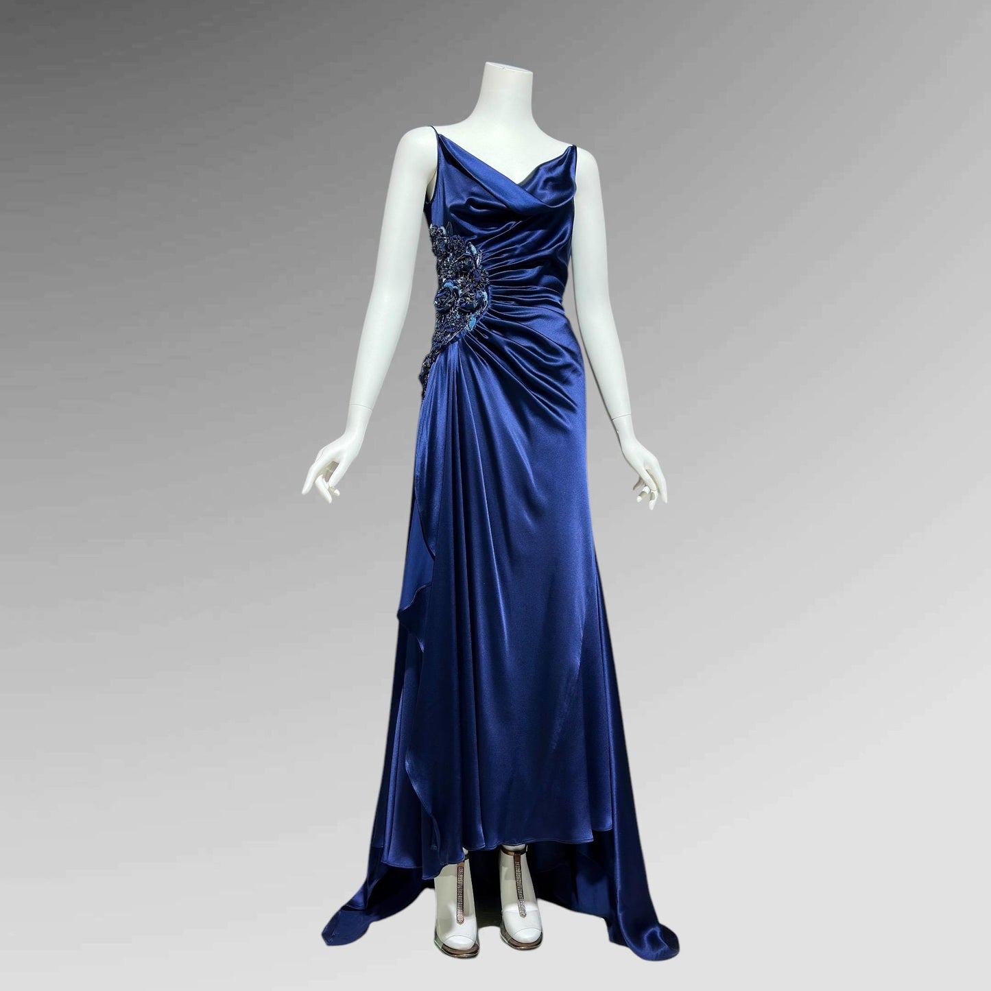 BELLVILLE SASSOON Lorcan Mullany, vintge 1990s evening dress, midnight blue silk beaded sheath slip gown