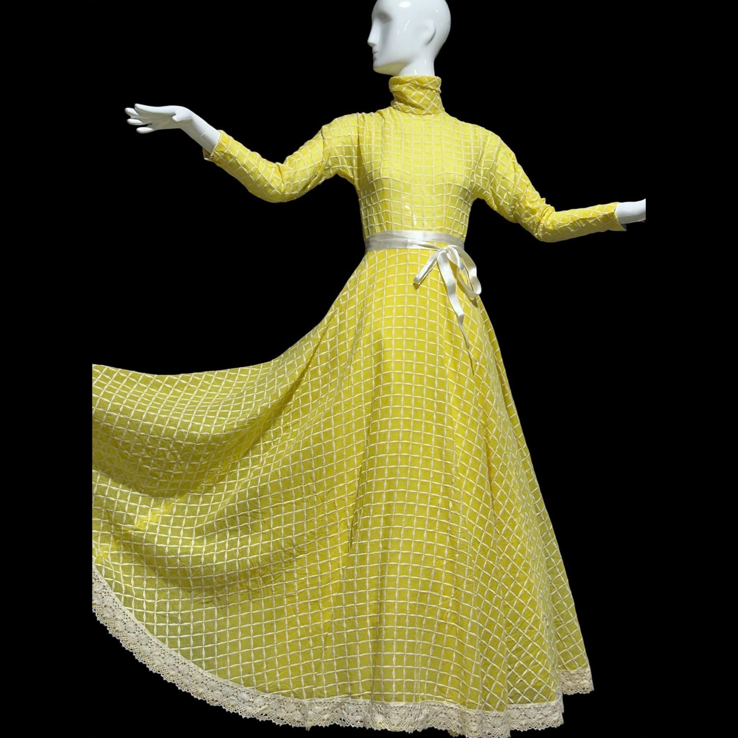 LILLIE RUBIN vintage 1970s evening dress gown, lemon yellow windowpane plaid ball gown