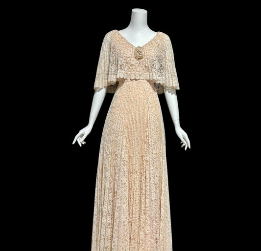 1970s vintage evening dress, peachy lace pleated dress, ruffled cape collar hippie boho chic evening gown, 36 bust