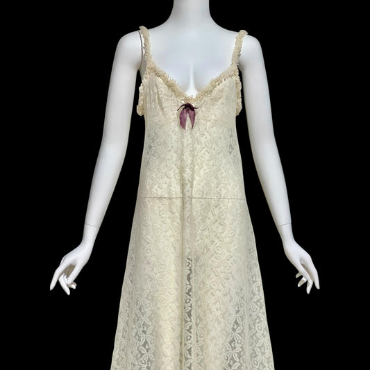 1950s vintage nightgown slip dress, ethereal sheer creamy lace night dress with ruffles