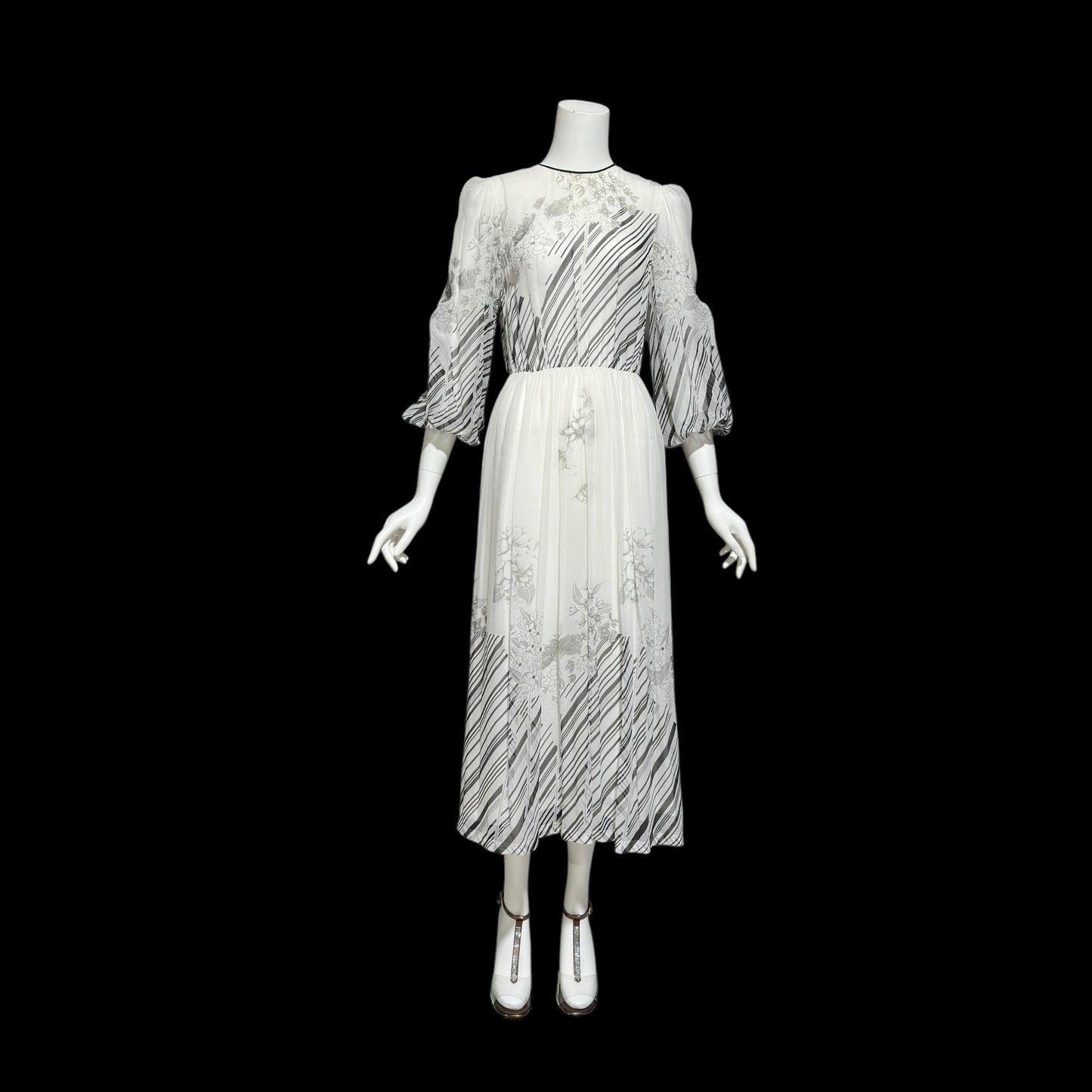 MOLLIE PARNIS by Morty Sussman, vintage 1970s evening dress, chiffon black and white floral poly chiffon gown