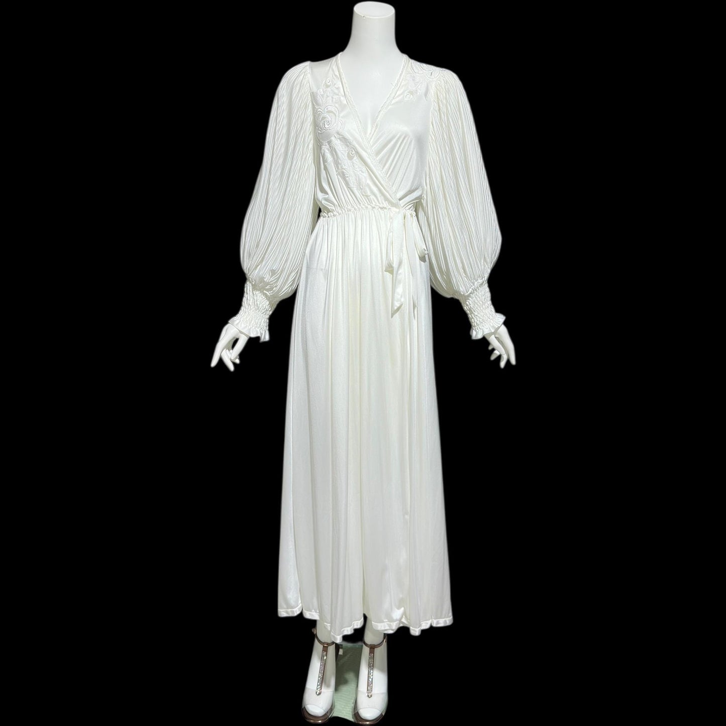 1980s vintage dressing gown robe, Slinky white jersey polyamide wrap front housecoat