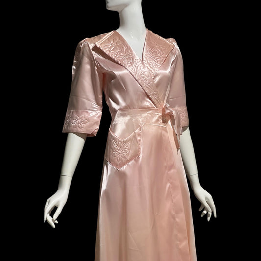 ANITA vintage 1940s Dressing Gown Robe, Made in Cuba Shiny Satin Pink Wrap Housecoat