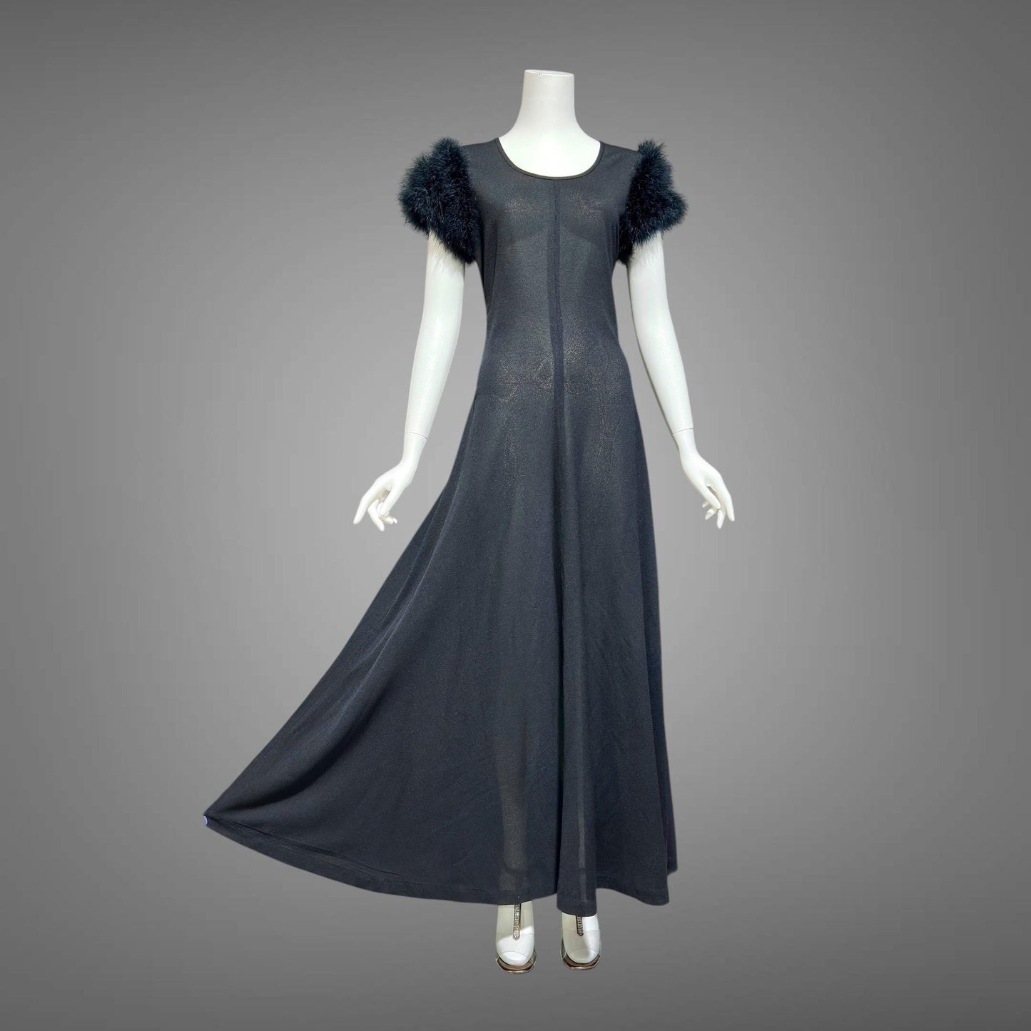 FIFTH AVENUE ROBES, vintage 1950s nightgown, black sheath evening gown with marabou sleeves, totally sheer house dress