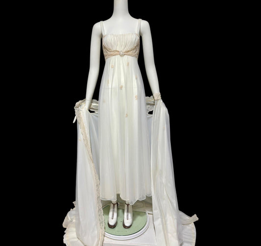 SAKS FIFTH AVENUE, vintage 1950s peignoir set, sheer white bridal nightgown slip dress and dressing gown