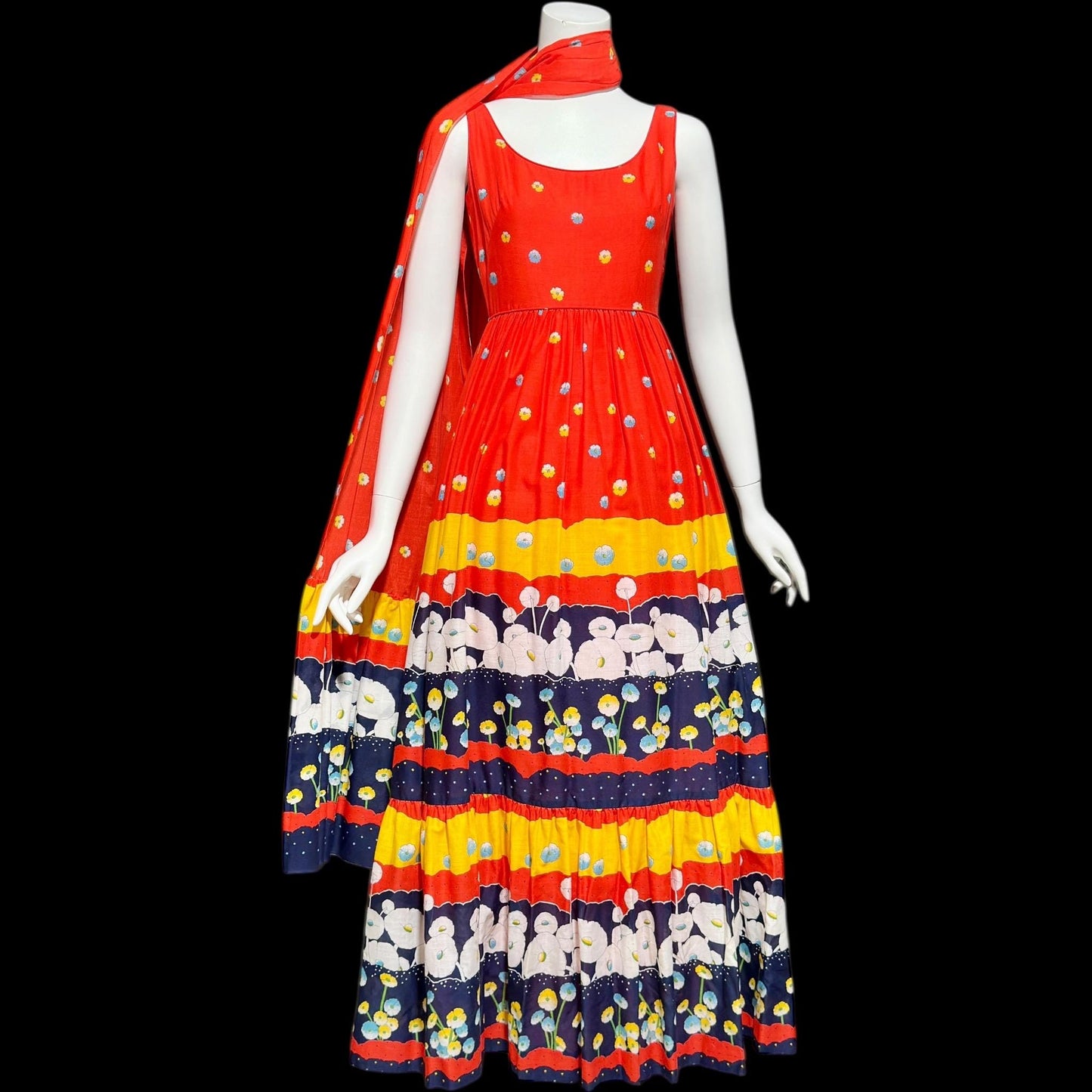 SHANNON ROGERS Jerry Silverman, vintage 1960s floral evening sundress, Red Border print Op Art dress, 2pc matching shawl wrap