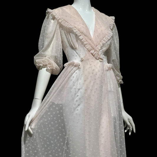 VANITY FAIR, 1940s Sheer Dressing Gown: Vintage Pink Flocked Robe, Wrap front
