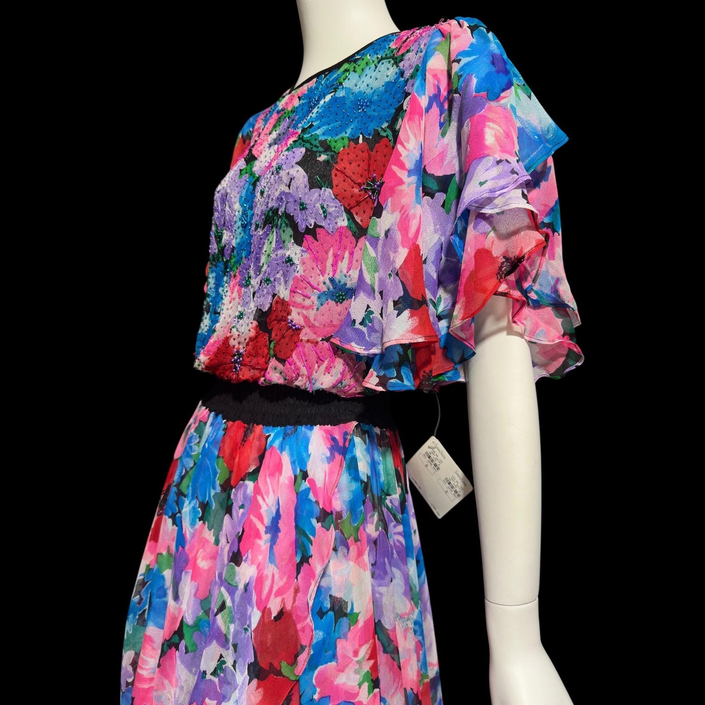 DIANE FREIS vintage 1980s silk dress, Neiman Marcus floral gypsy dress, flutter sleeves high low ruffle cocktail dress