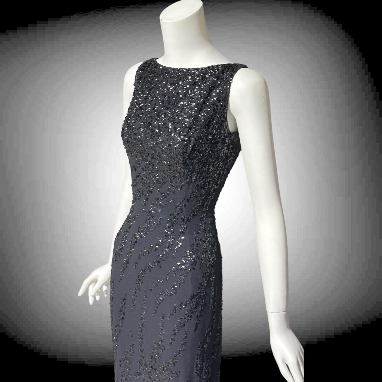 FRANK STARR Vintage 1960s evening gown dress, Lord & Taylor, black sequin sheath evening gown