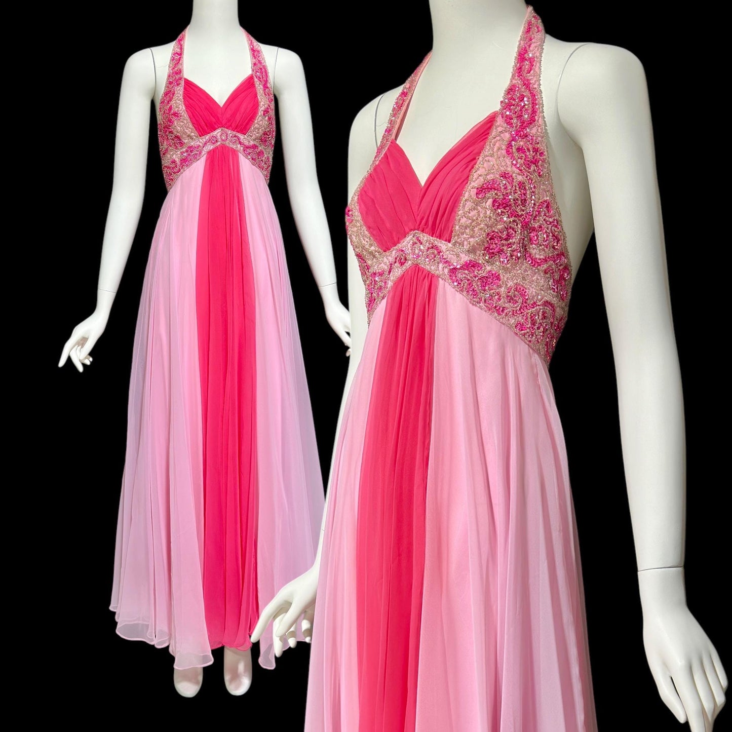 MIKE BENET evening prom dress, 1960s vintage pink chiffon beaded halter evening ball gown