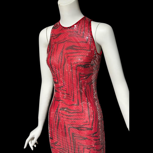 CHETTA B, vintage 1990s evening dress, Bias cut Bodycon red black tiger stripe print sheath slip maxi silk sequin gown