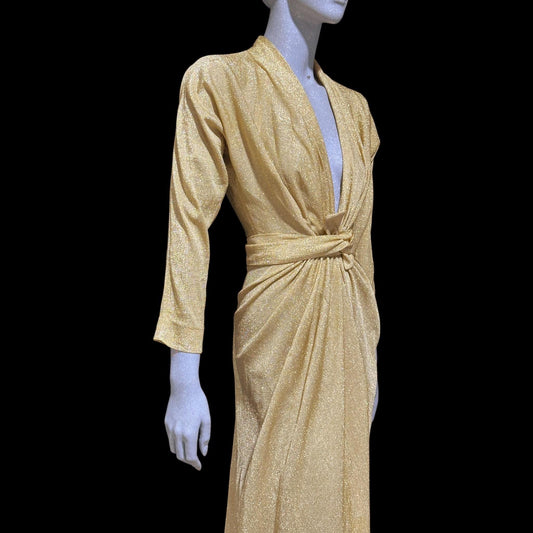 MARSHALL FIELD's DORIAN, 1970s vintage evening dress, Metallic gold lurex knit goddess gown, Studio 54 disco party dress, very Halston