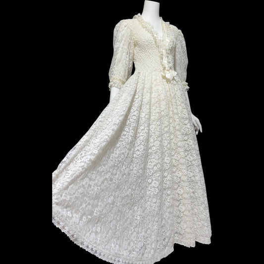 ODETTE BARSA, vintage 1950s dressing gown robe, white smocked elastic and lace bridal robe