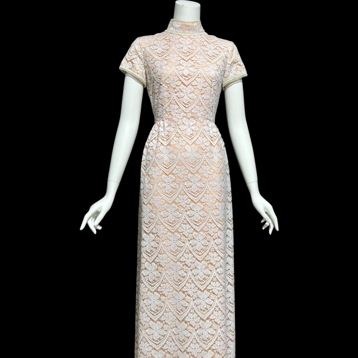 VICTOR COSTA, vintage 1970s evening dress, white and peach lace high neck column dress