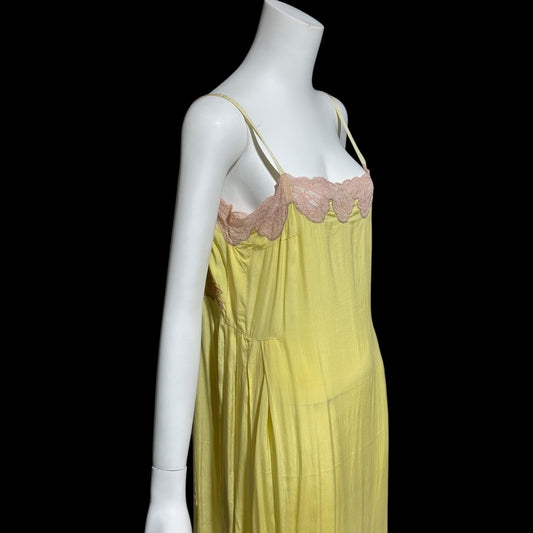 1920s vintage nightgown slip dress, canary yellow silk and pink lace shift dress