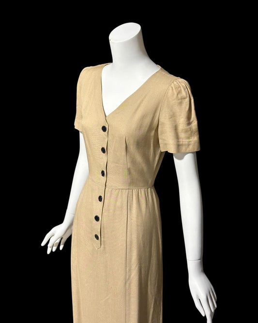 ADELE SIMPSON, vintage 1980s day dress, 80s does 40s latte tan linen dress, button front wear to work luncheon dress