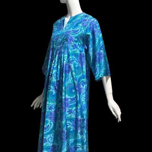 1970s vintage Thai Silk Caftan dress, JIM THOMPSON? blue and purple silk paisley Hippie Boho Dress