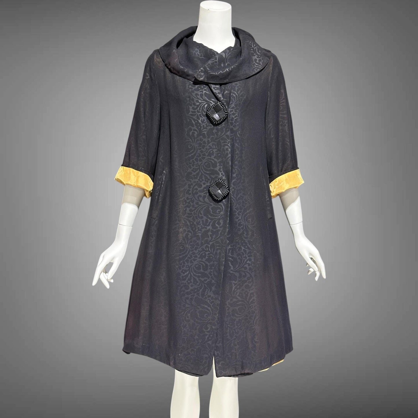 1930s vintage evening swing coat, black swing opera coat duster with satin lining