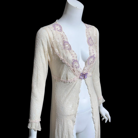 CLAIRE PETTIBONE, wedding coat robe, sheer nylon lace high low dressing gown