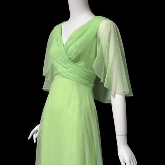 MISS ELLIETTE, vintage 1970s evening dress gown, minty pistachio green poly chiffon dress