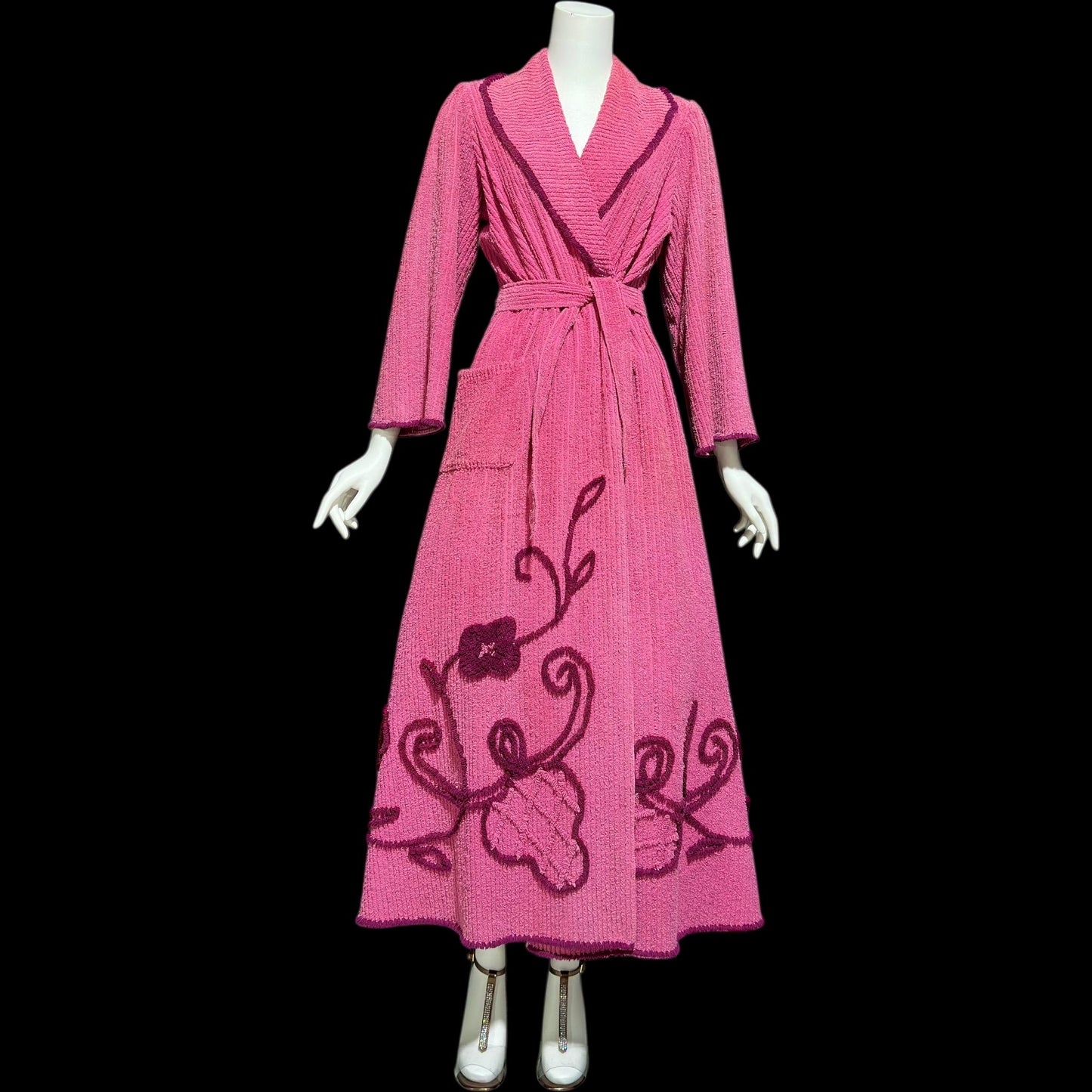 1940s vintage dressing gown robe, Raspberry Pink cotton chenille wrap front housecoat, full length hostess dress, Embroidered