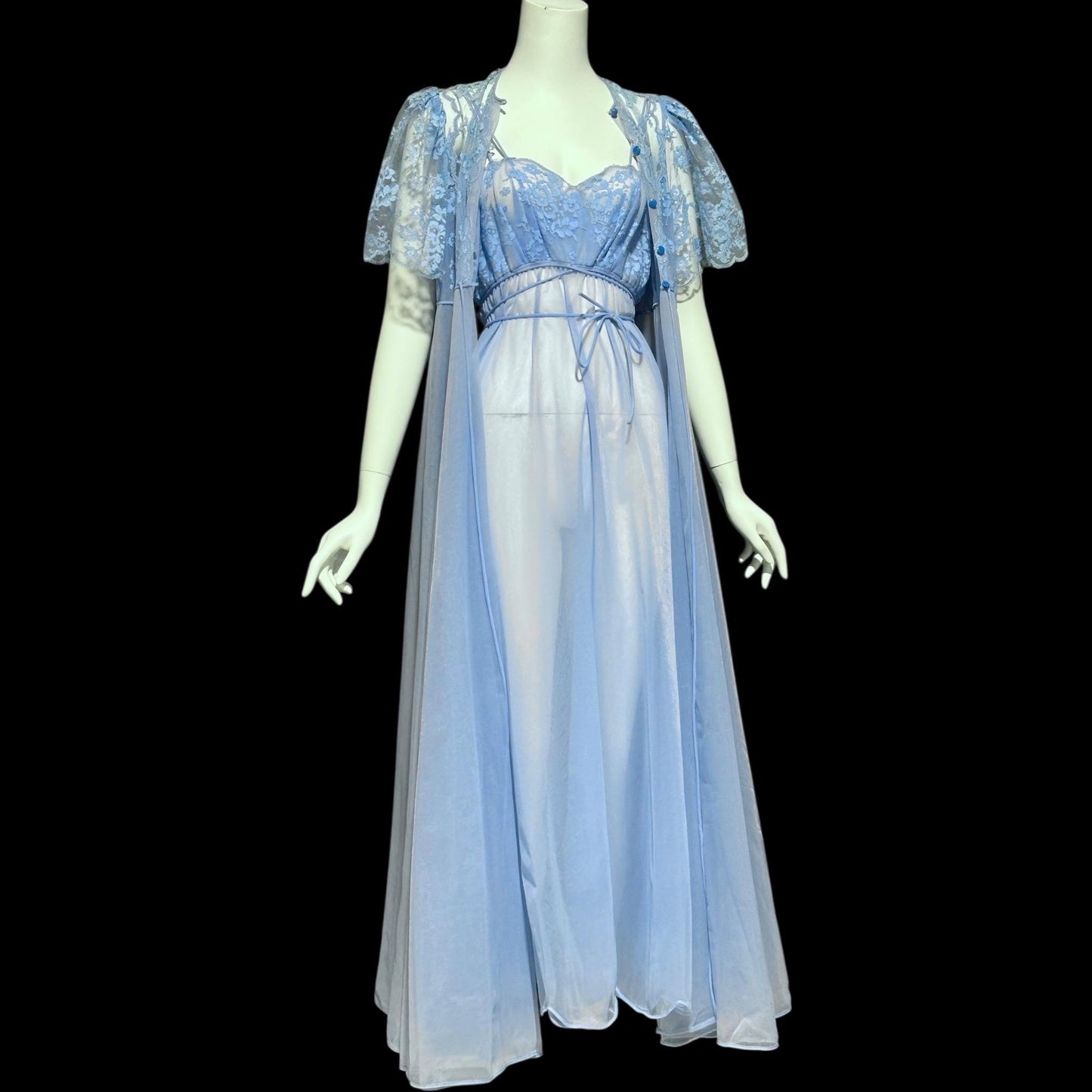 EYE-FUL by the FLAUMS, Vintage 1950s nightgown robe set, 1950s peignoir set, sheer periwinkle blue night dress and dressing gown