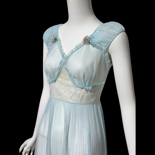 1940s Sheer Nightgown Slip Dress: Totally sheer powder blue micro pleat Old Hollywood Night Dress