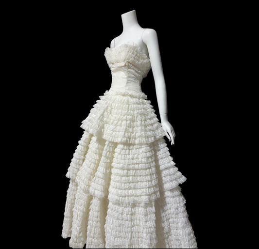 1950s vintage wedding gown, Custom Made white tiered lace cupcake dress ball gown