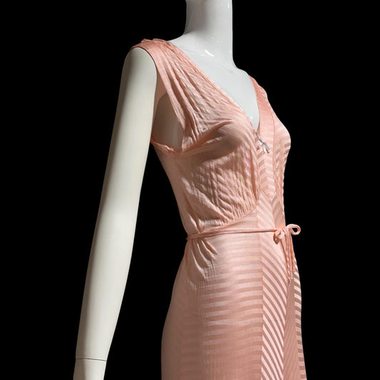LORRAINE vintage 1940s nightgown slip dress, Shiny peachy pink bias cut slip dress, full length