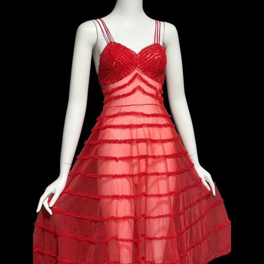 1950s vintage nightgown slip dress, sheer nylon lipstick red ruffled twirling night dress