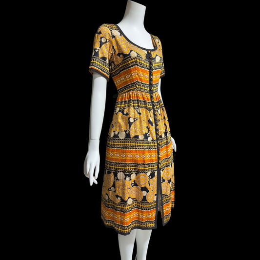 OSCAR de la RENTA, vintage 1960s day dress, Orange and Black Paisley and floral cotton dress