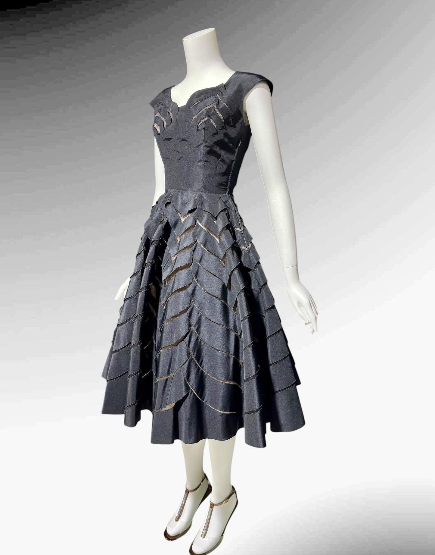 OLDRIC ROYCE, vintage 1950s dress, black cutout fit and flare cocktail party evening dress