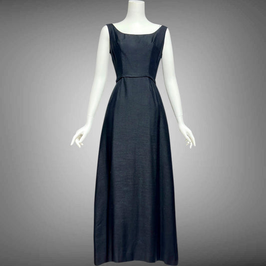 FRANK JELLEFF, vintage 1960s evening dress gown, black formal dress, Deep dive backless