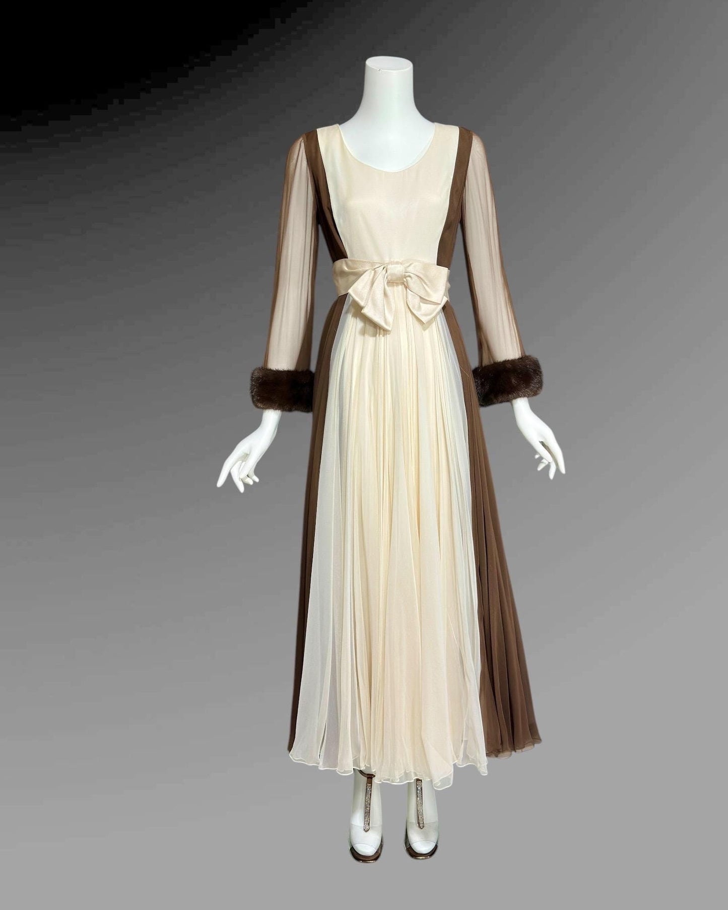 JEAN-LOUIS for I. Magnin, vintage 1950s evening gown, Brown Cream Chiffon cocktail party evening dress