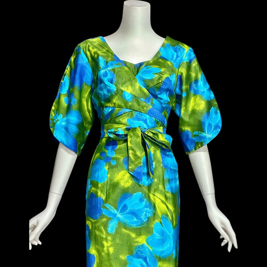 LORD & TAYLOR, 1960s Vintage bombshell Hawaiian dress, wrap cotton maxi dress, blue green floral