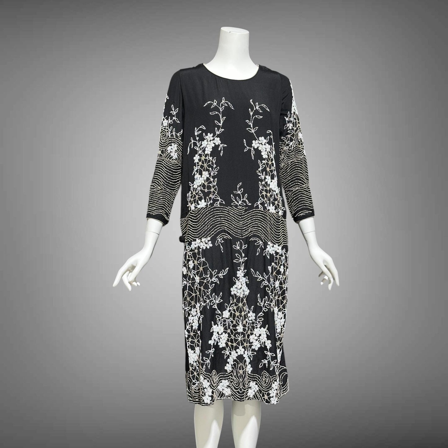 HOUSE OF ADAIR, vintage 1920s dress, black and white shift beaded flapper dress, heavy beading