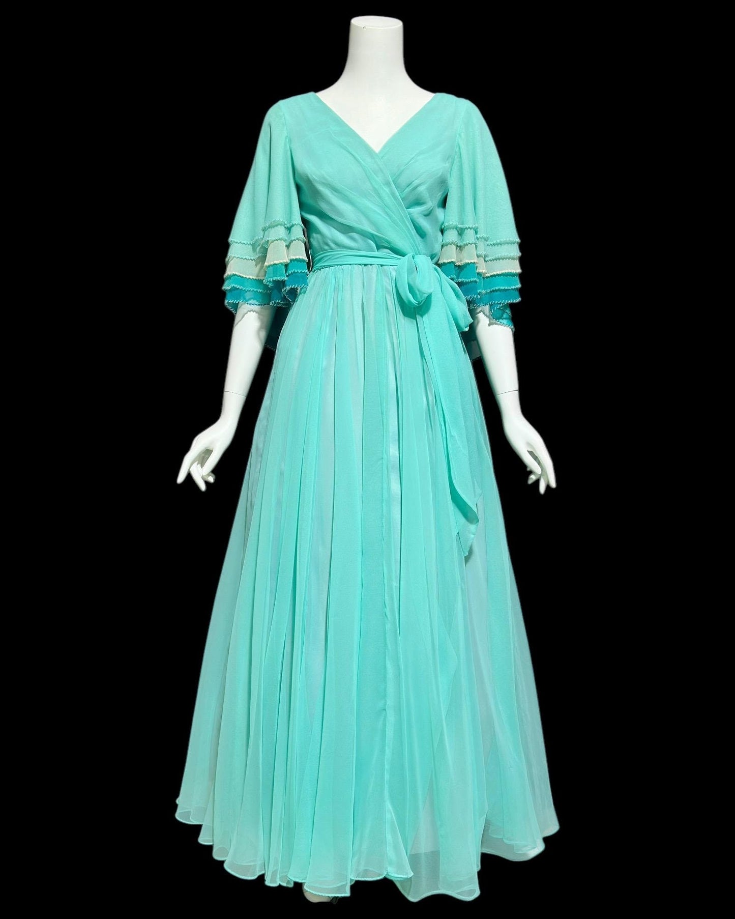 JACK BRYAN, vintage 1970s teal green chiffon evening dress with beaded flutter sleeves