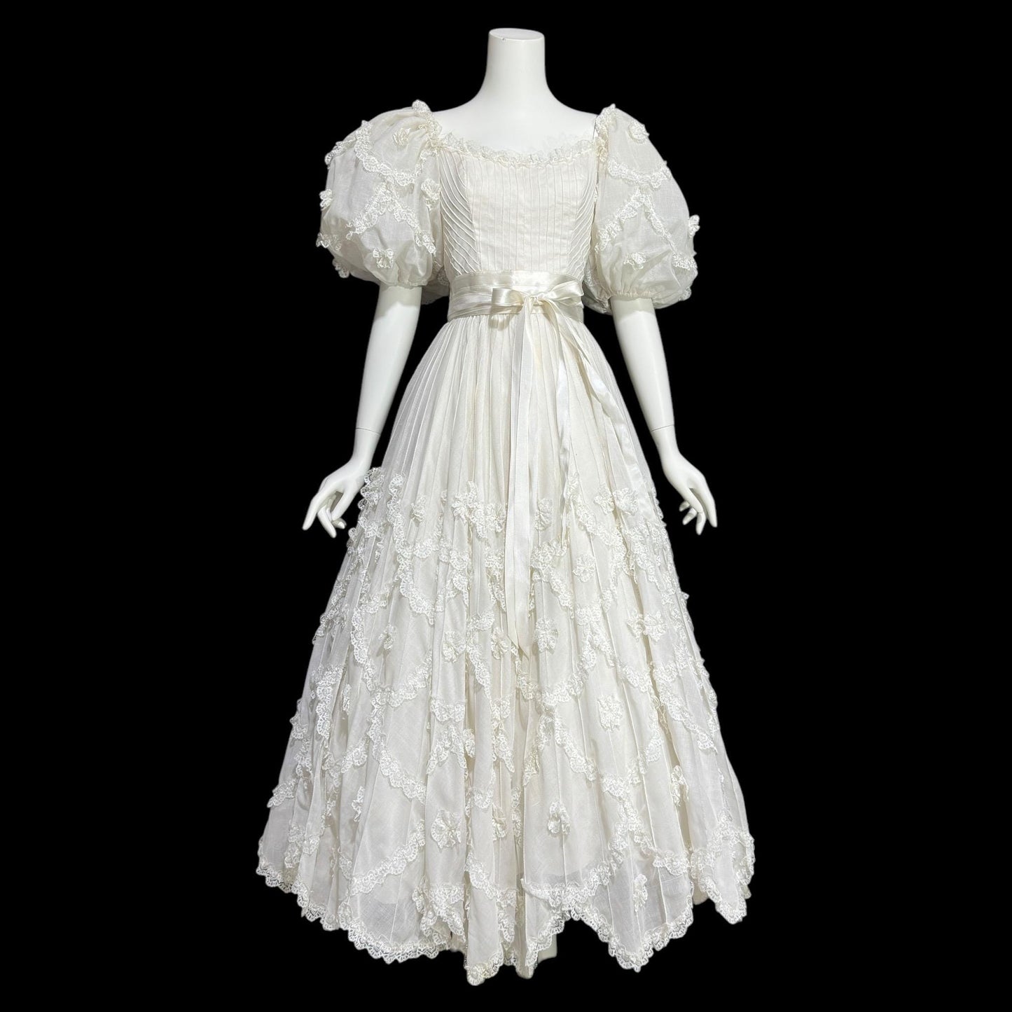 1970s Mexican Wedding dress, White cotton tiered lace ball gown, off shoulder huge Sleeves Bohemian gown