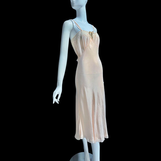 1930s vintage Pale Peachy Pink Rayon Slip Dress: Bias Cut Nightgown, Lace Trim