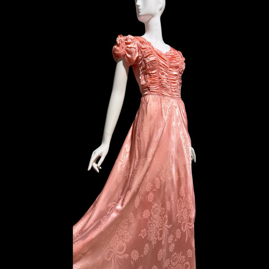 1930s Vintage Evening dress gown, Pinky Peach Romantic Jacquard Ruched Front Maxi Dress
