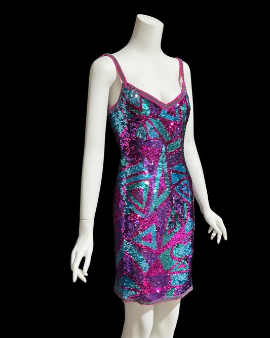 ALYCE vintage 1990s evening dress, sequin cocktail slip dress, Hot Pink jewel tone sequin Mini Dress